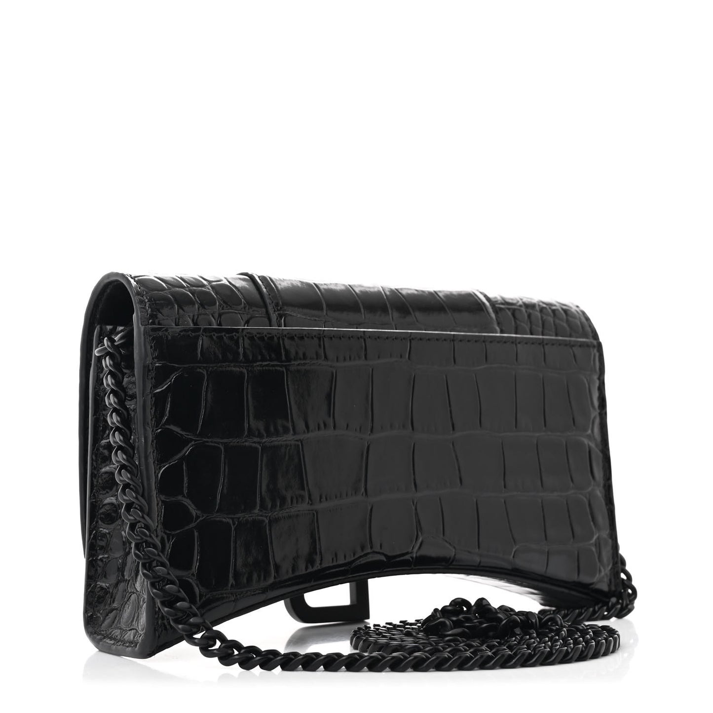 Shiny Calfskin Monochrome Crocodile Embossed Hourglass Chain Bag Black