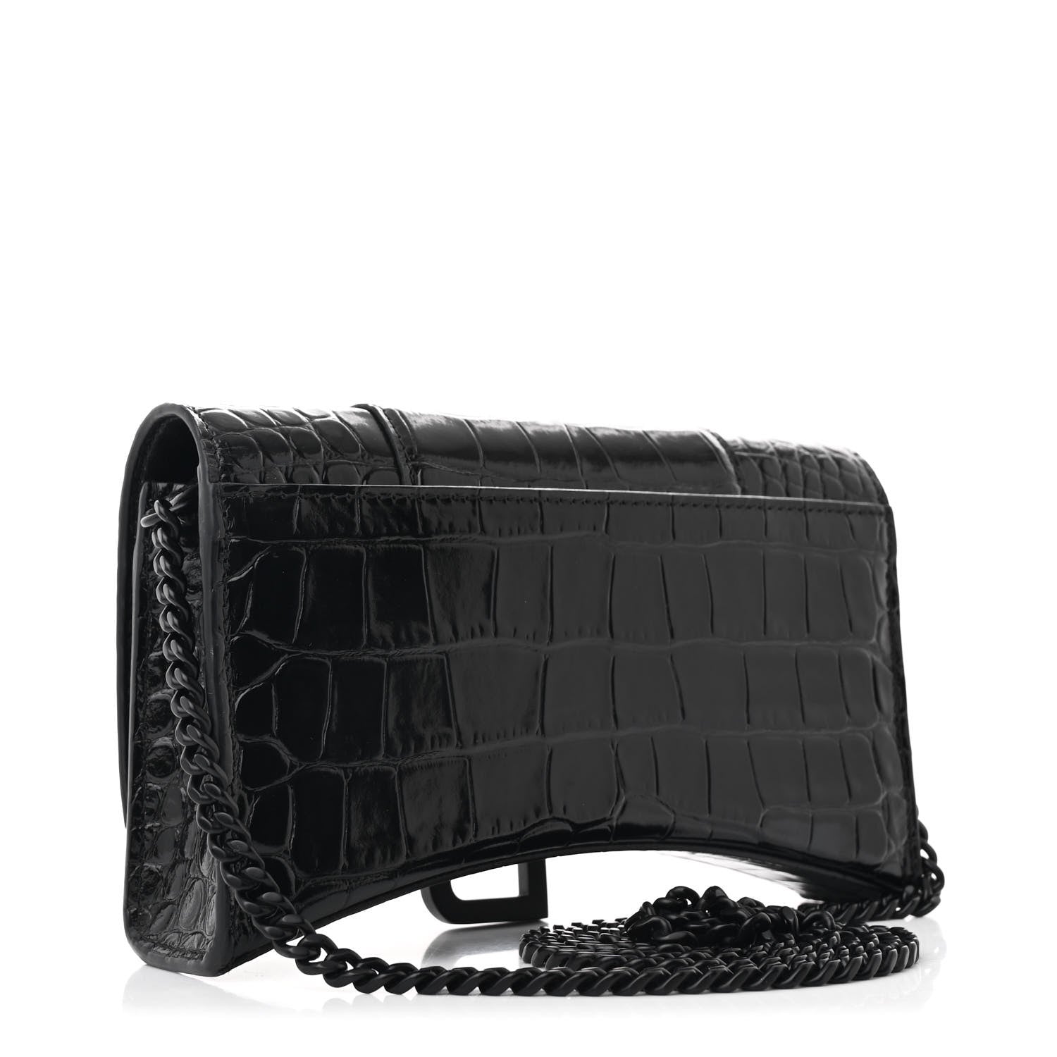 Balenciaga Shiny Calfskin Monochrome Crocodile Embossed Hourglass Chain Bag Black 3 of 9
