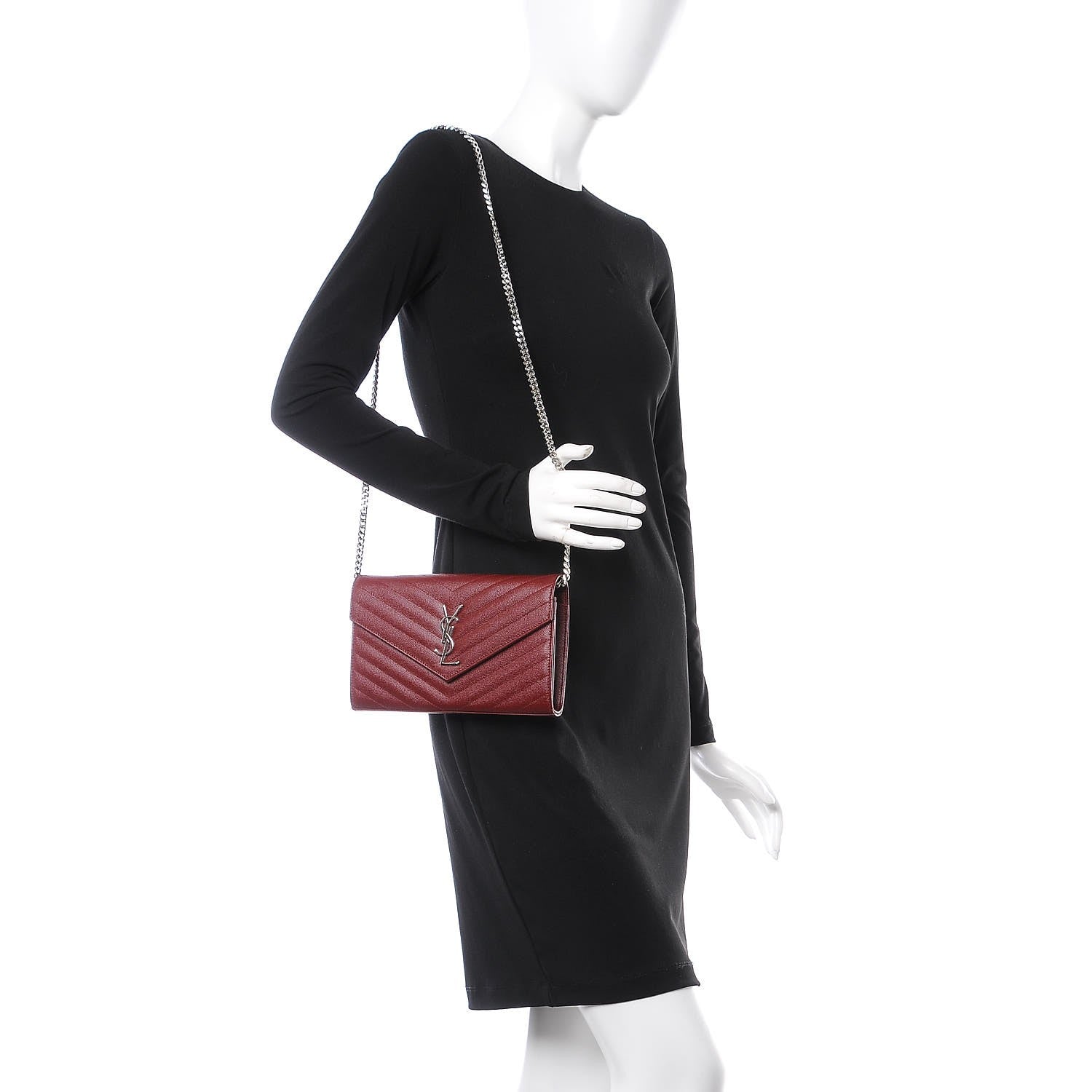 Saint Laurent Grain De Poudre Matelasse Chevron Monogram Chain Wallet Palissandre 2 of 7