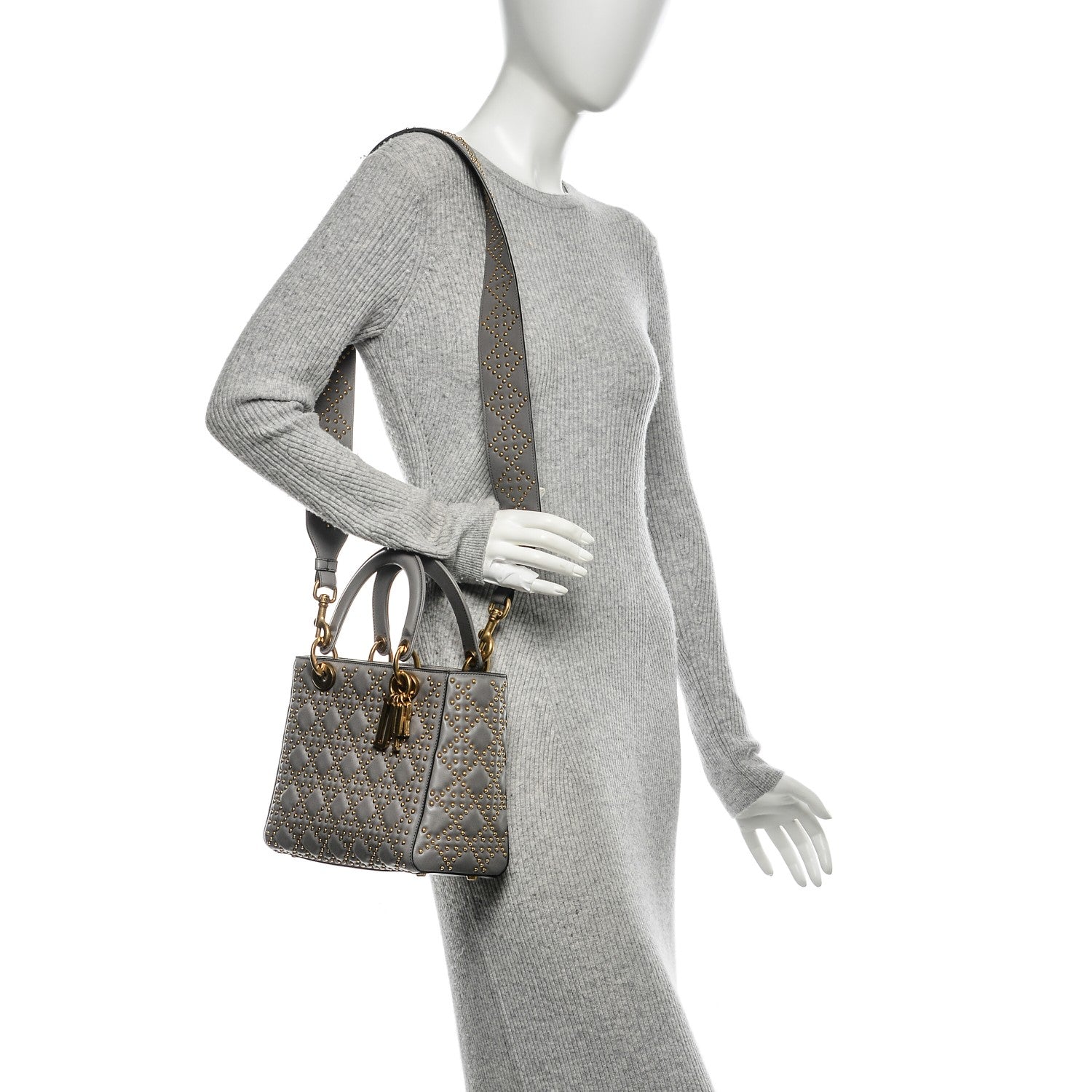 Christian Dior Calfskin Cannage Studded Medium Supple Lady Dior Grey 2 of 8