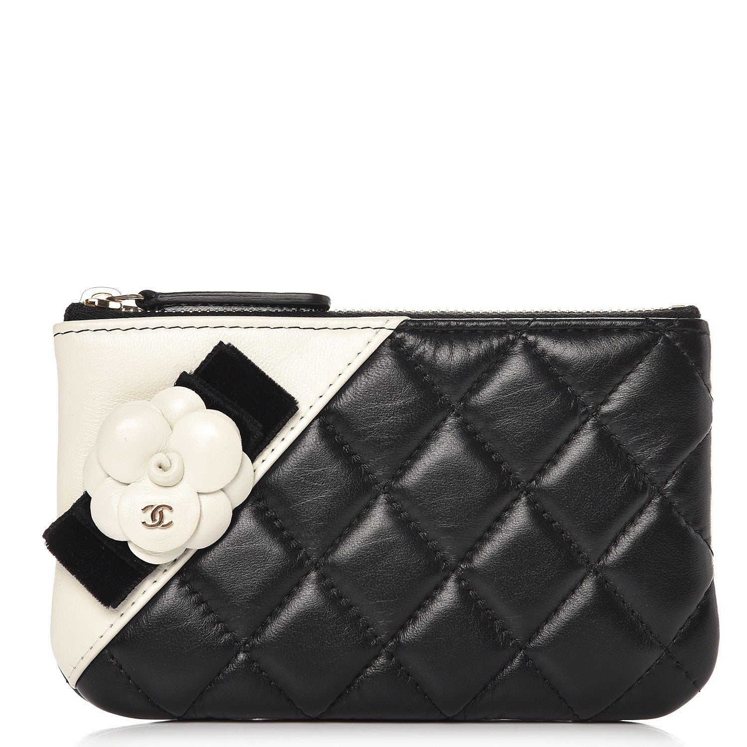 Chanel Lambskin Quilted Small Camellia Cosmetic Pouch Black White 1 of 8