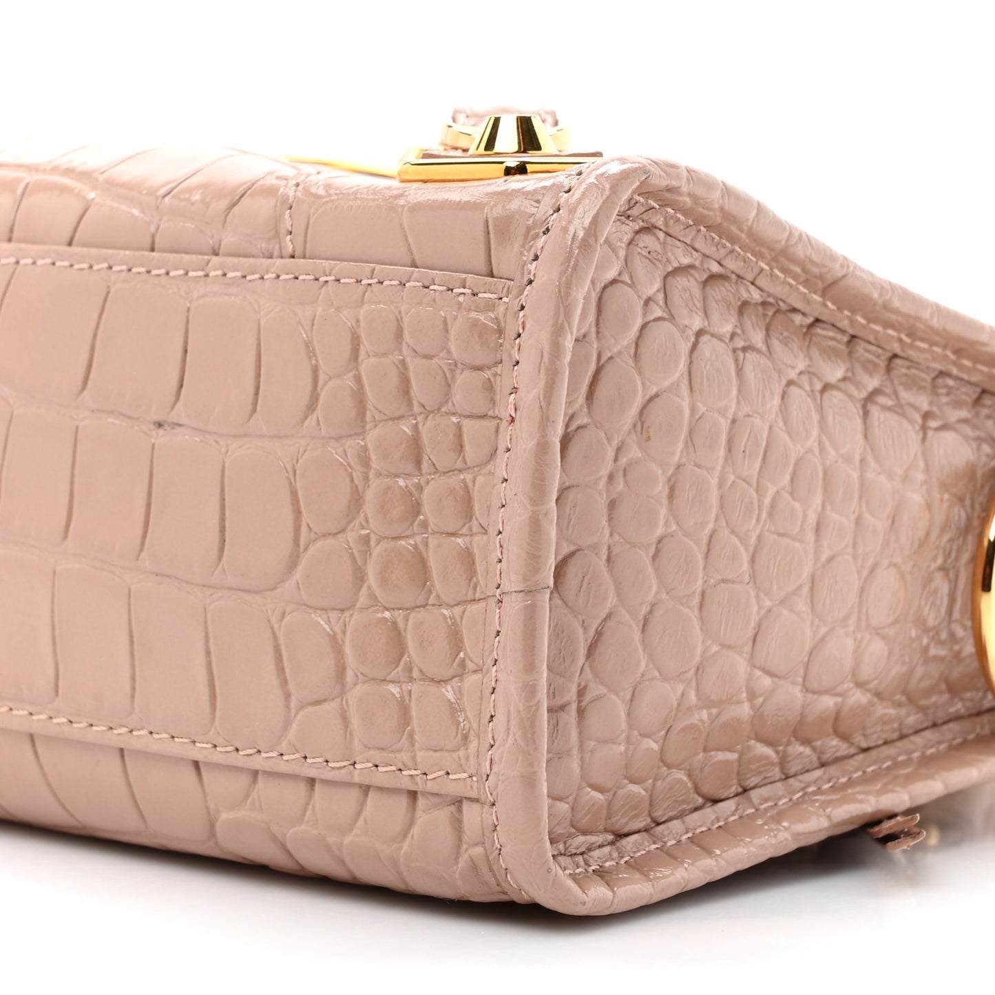Shiny Supple Calfskin Crocodile Embossed Gold Metallic Edge Hardware Mini City Nude Beige