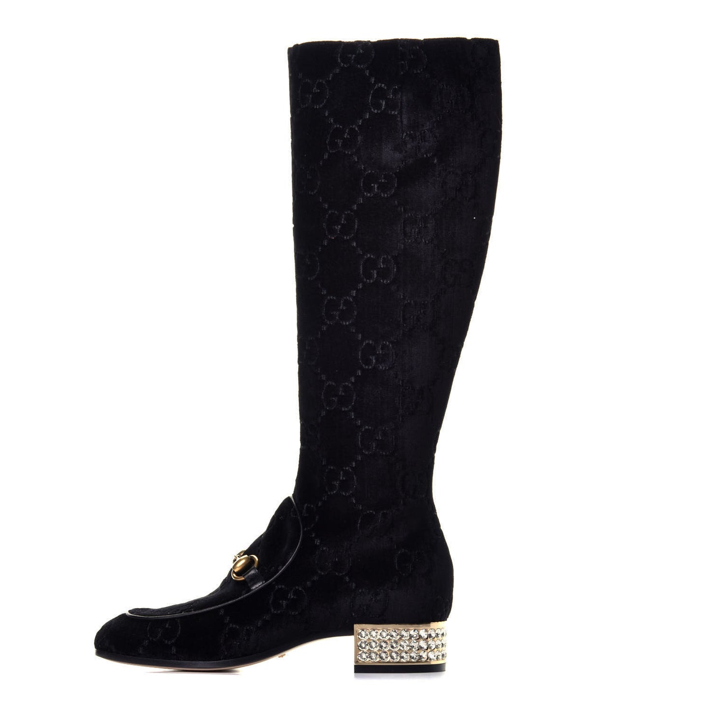 Velvet GG Monogram Crystal Horsebit Knee High Boots 35 Black