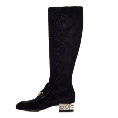 Gucci Velvet GG Monogram Crystal Horsebit Knee High Boots 35 Black 1 of 8
