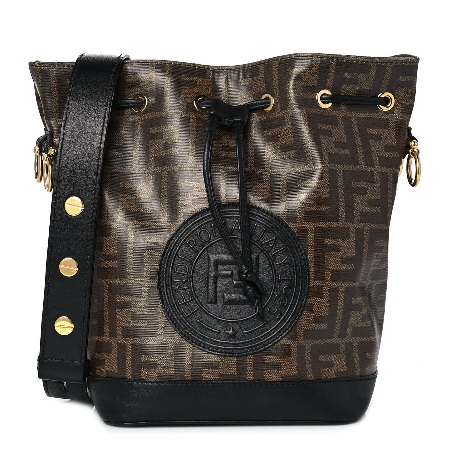 Glazed Fabric Vitello Grace F is Fendi FF 1974 Stamp Patch Grande Mon Tresor Bucket Bag Mogano Panna Black