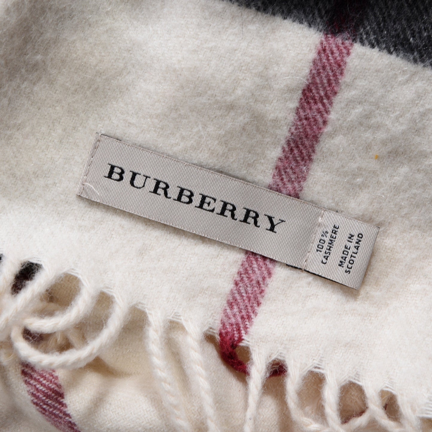 Cashmere Giant Check Fringe Scarf Ivory