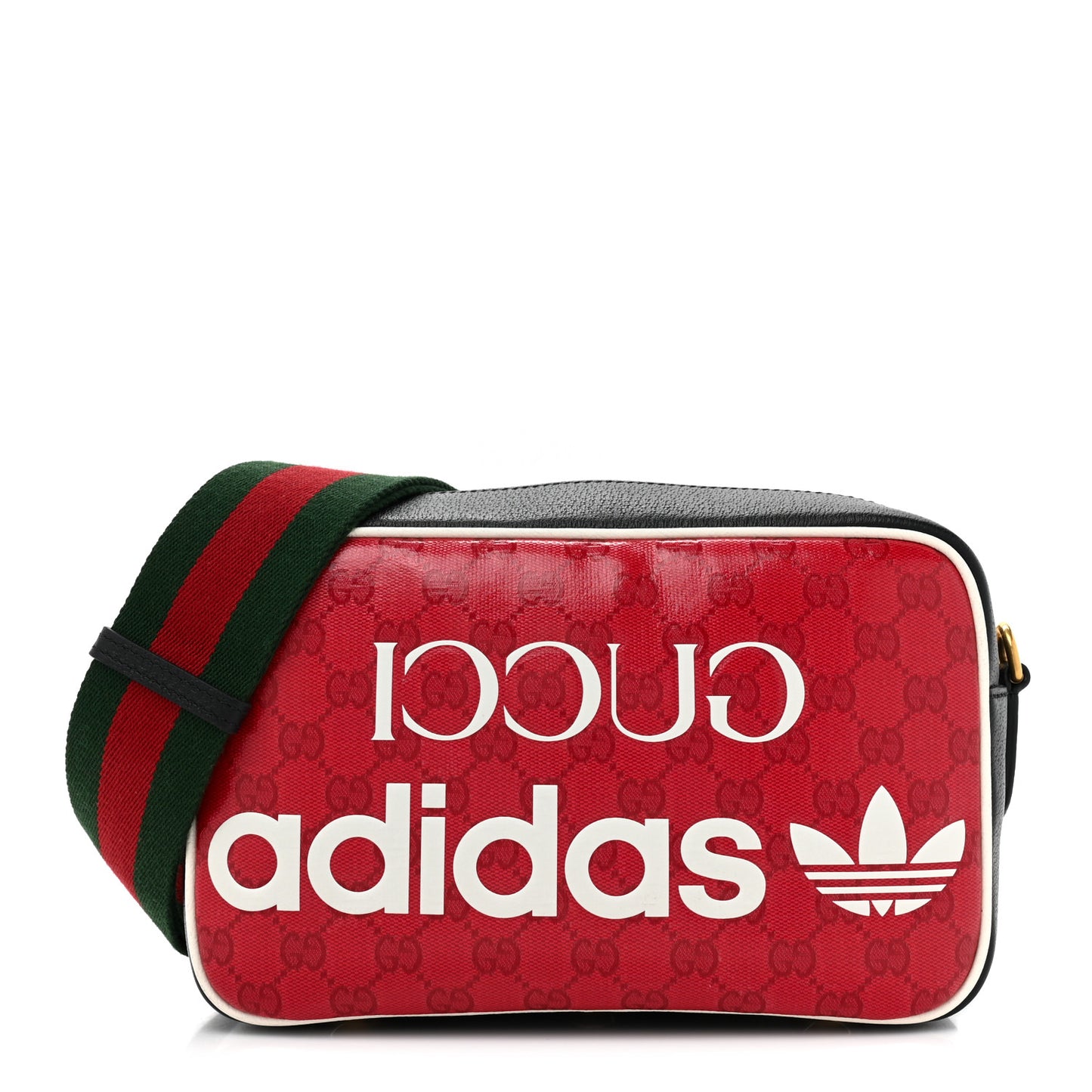 X ADIDAS Crystal Vintage Monogram Textured Dollar Calfskin Web Trefoil Logo Small Messenger Bag Hibiscus Red Off White Black