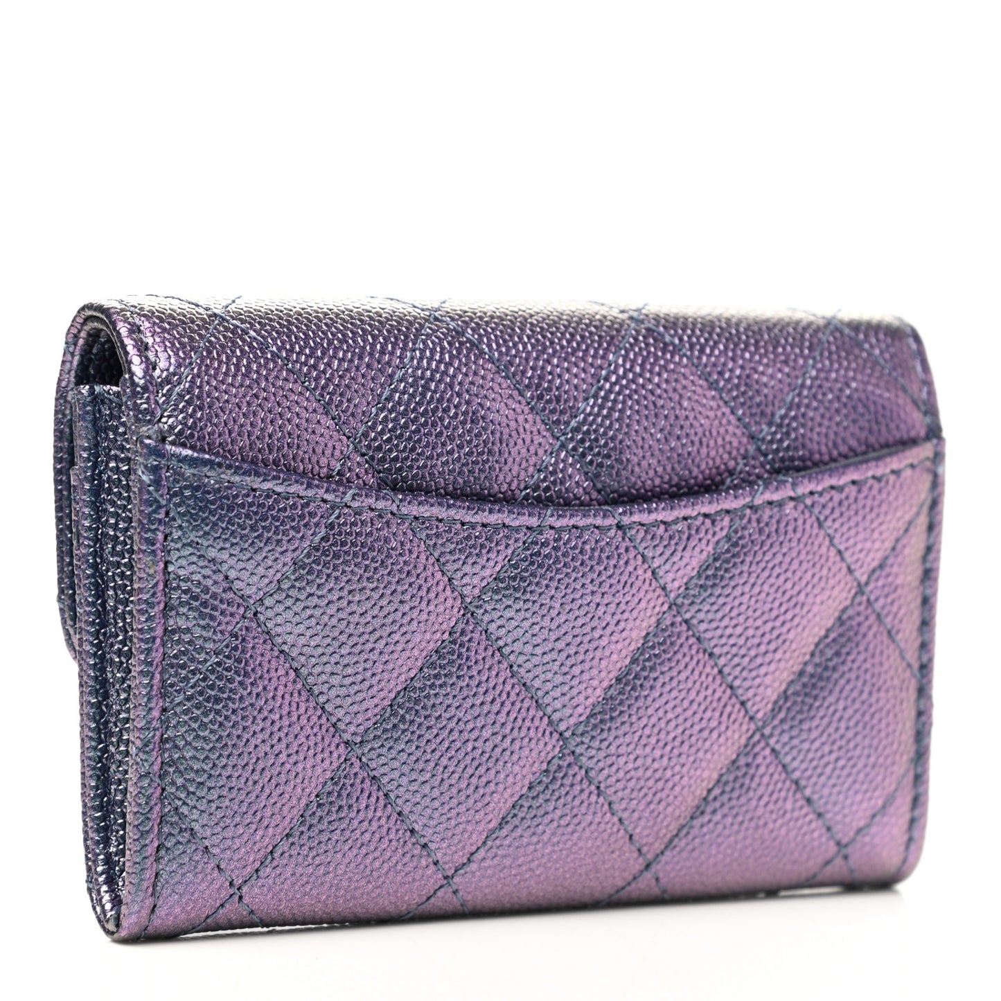 Iridescent Caviar Quilted Flap Card Holder Wallet Dark Blue
