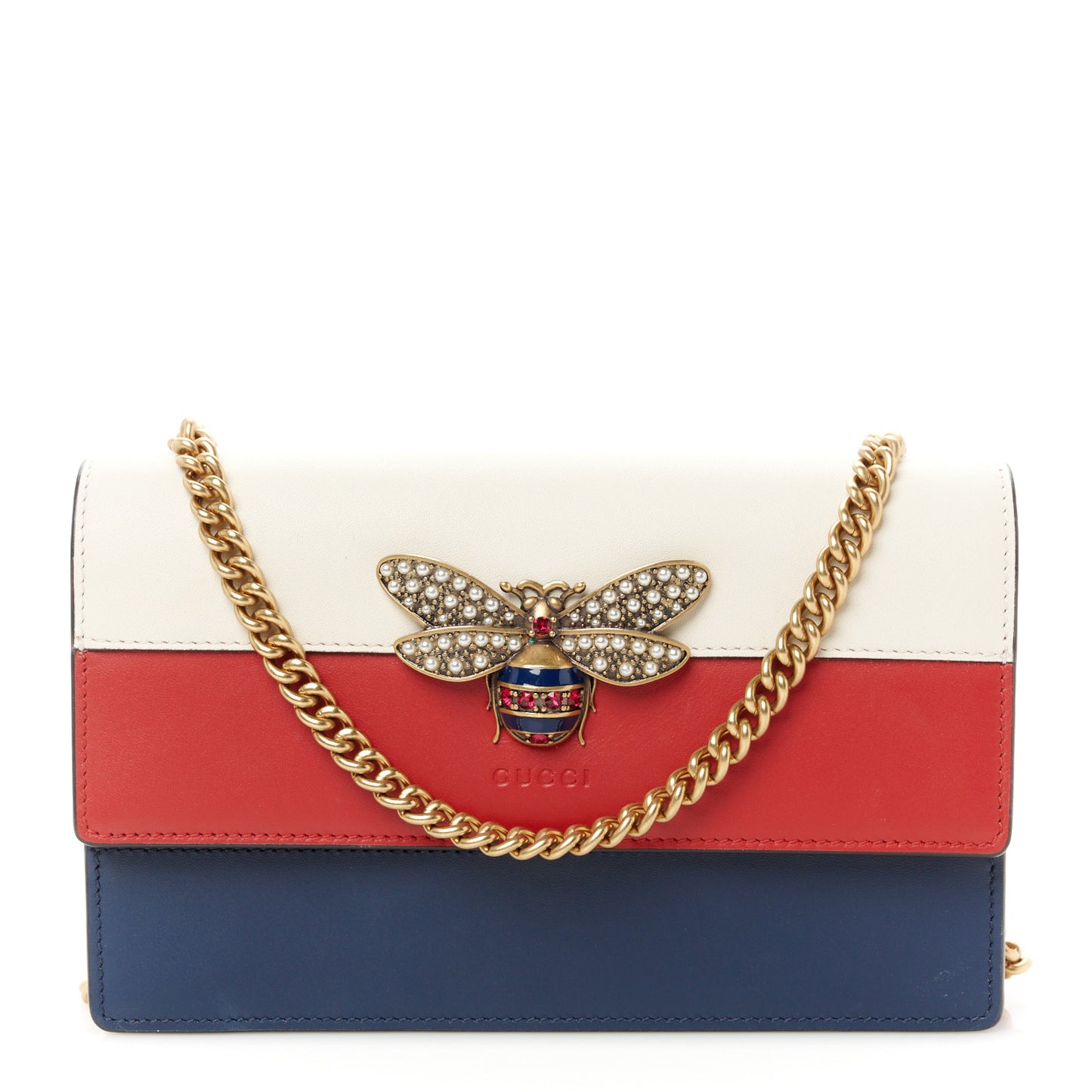 Calfskin Queen Margaret Chain Wallet Blue Agata Hibiscus Red Mystic White