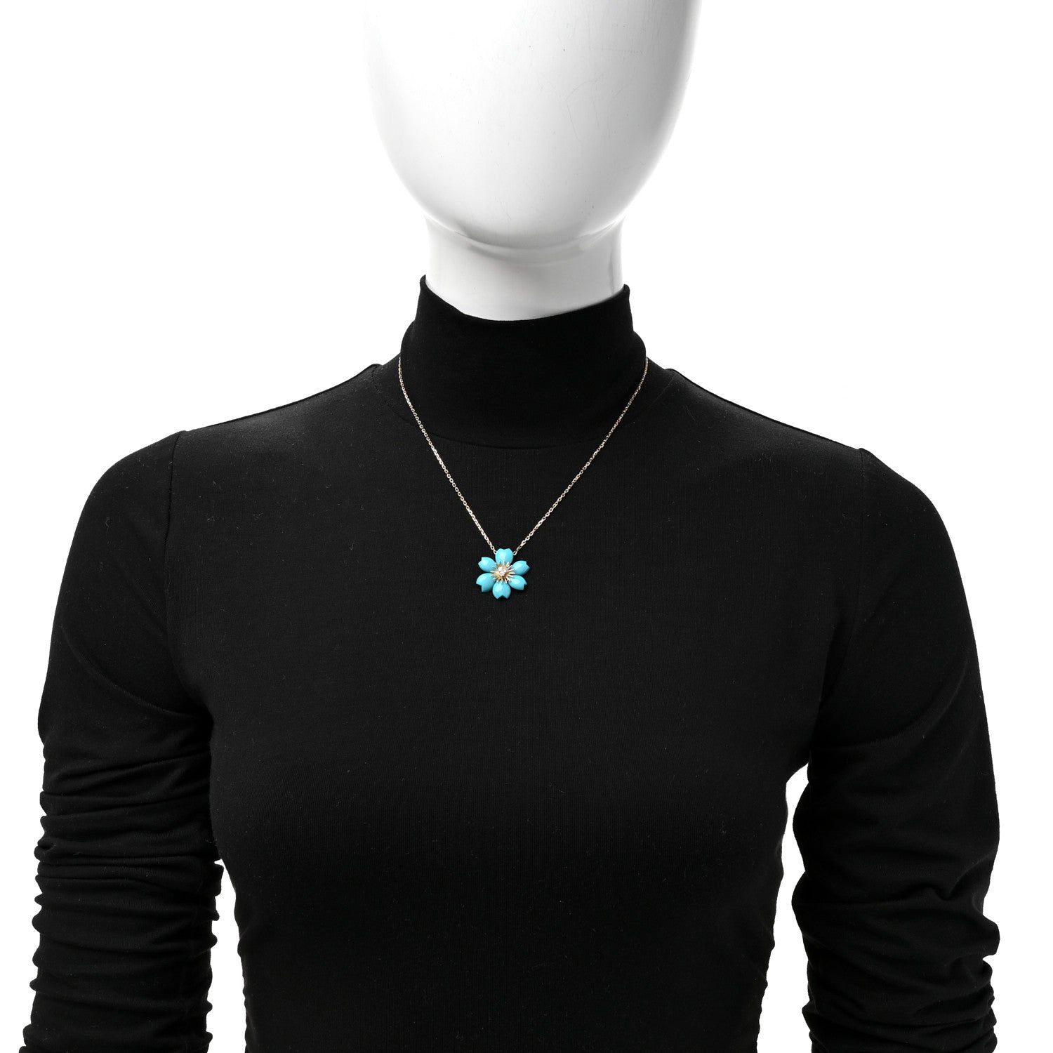 Van Cleef & Arpels 18K Yellow Gold Diamond Turquoise Mini Rose De Noel Pendant Necklace 2 of 7