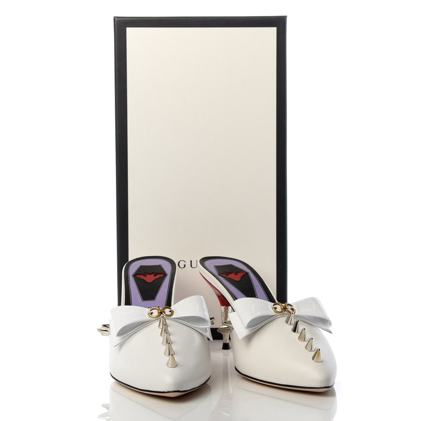 Patent GG Bow Sadie Spike Mid Heel Mules 38 White