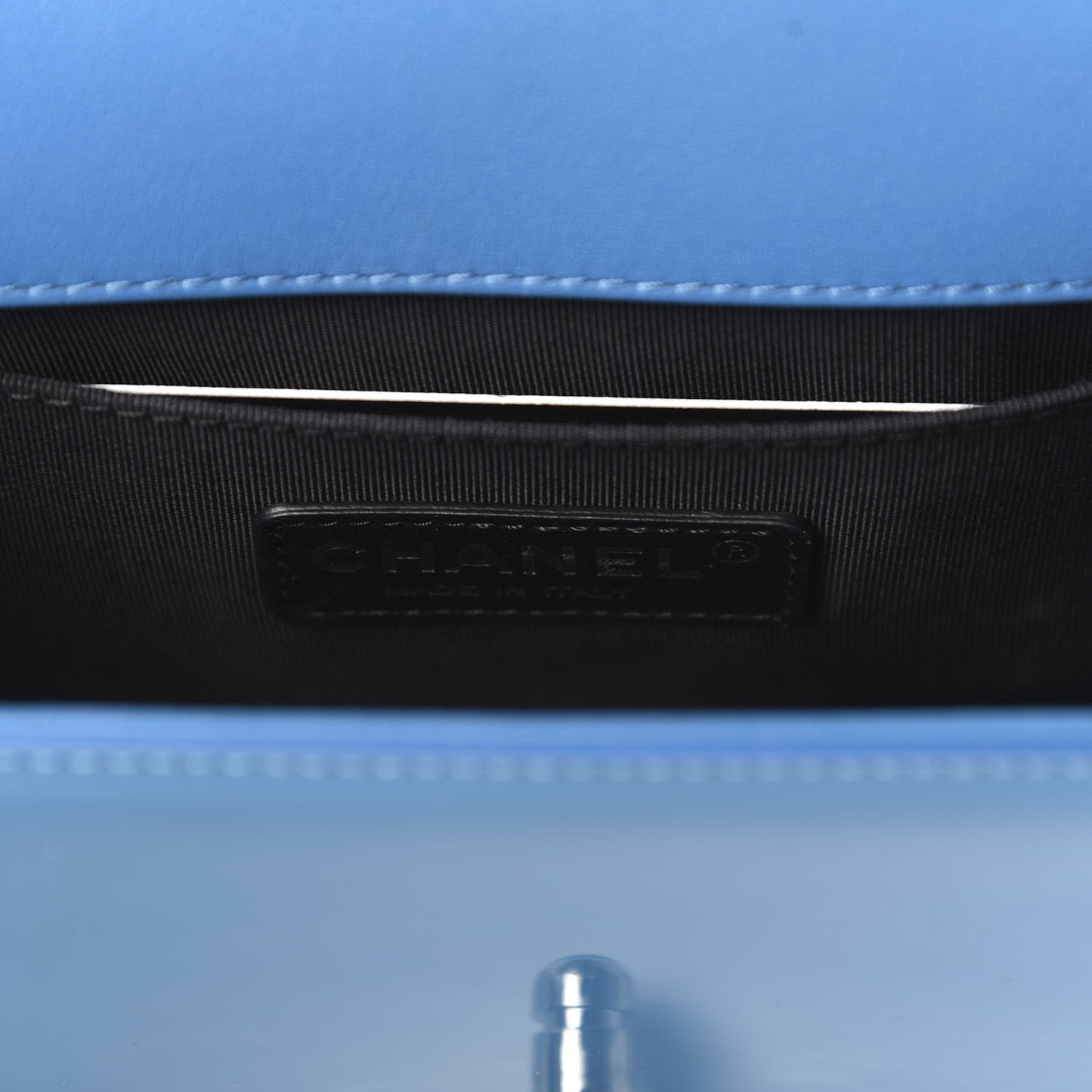 Patent Calfskin Quilted Small Plexiglass Boy Flap Blue