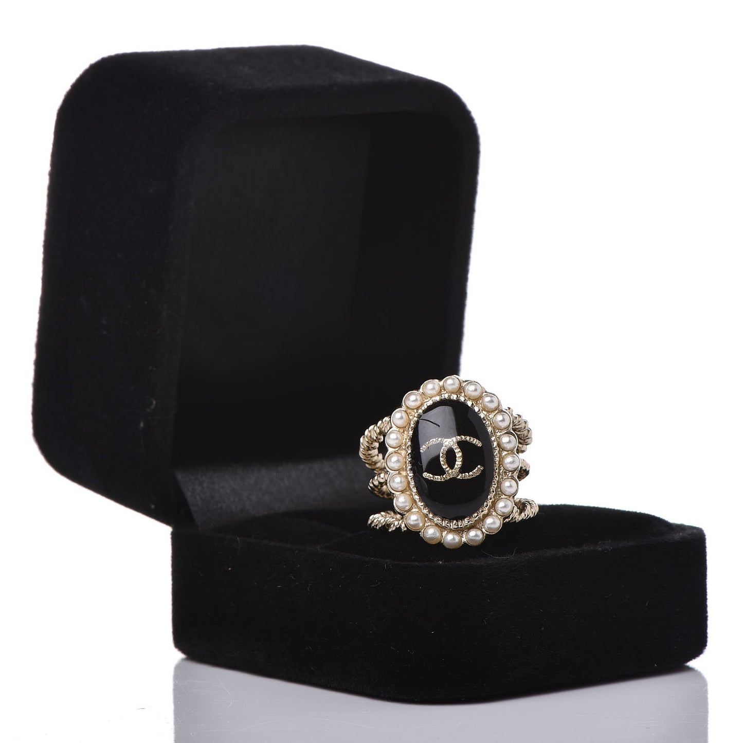 Enamel Pearl CC Ring 6.5 Black Gold
