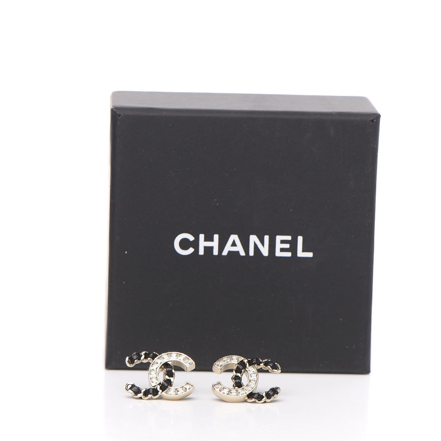 Crystal Baguette Lambskin Chain CC Vintage Allure Stud Earrings Black Gold