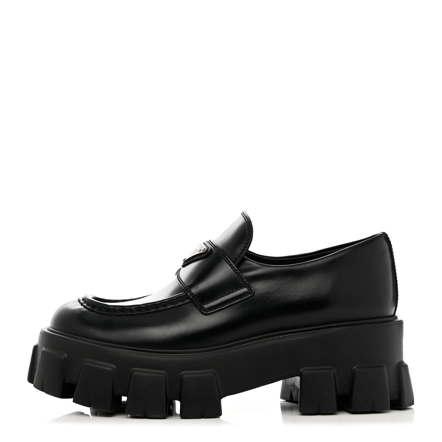 Prada Spazzolato Rois Metal Triangle Logo Monolith 55mm Loafers 37.5 Black 1 of 14