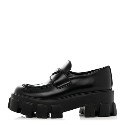 Prada Spazzolato Rois Metal Triangle Logo Monolith 55mm Loafers 37.5 Black 1 of 14