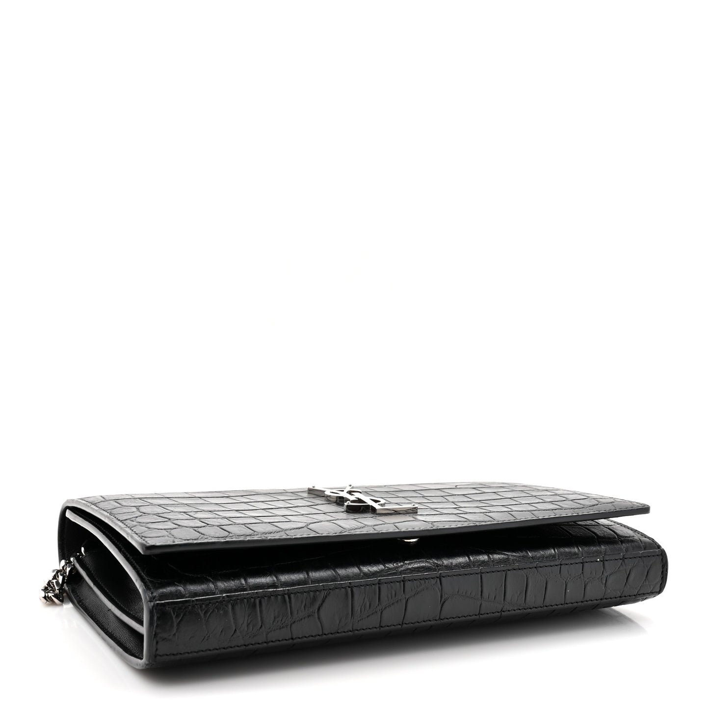 Calfskin Crocodile Embossed Monogram Chain Wallet Black