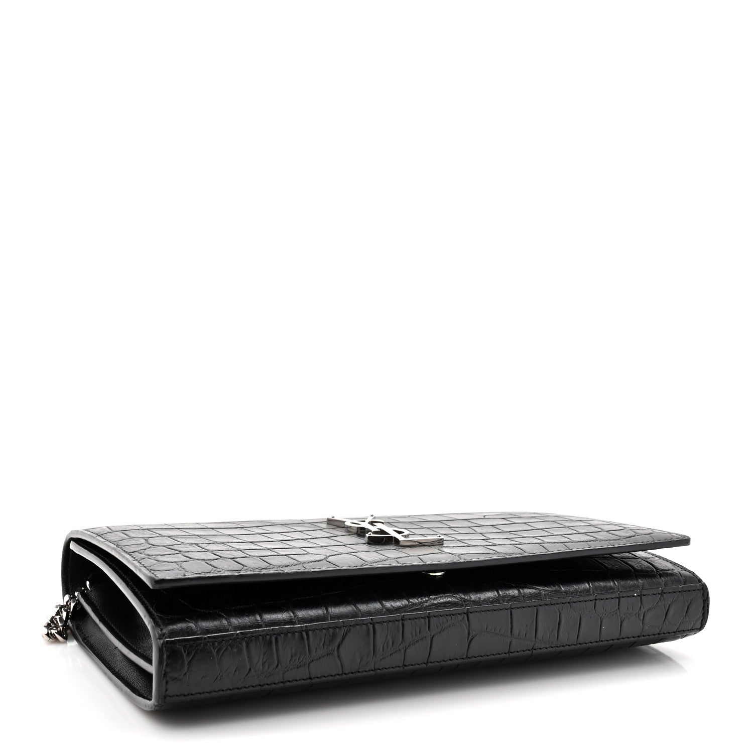 Saint Laurent Calfskin Crocodile Embossed Monogram Chain Wallet Black 4 of 9
