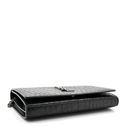 Saint Laurent Calfskin Crocodile Embossed Monogram Chain Wallet Black 4 of 9