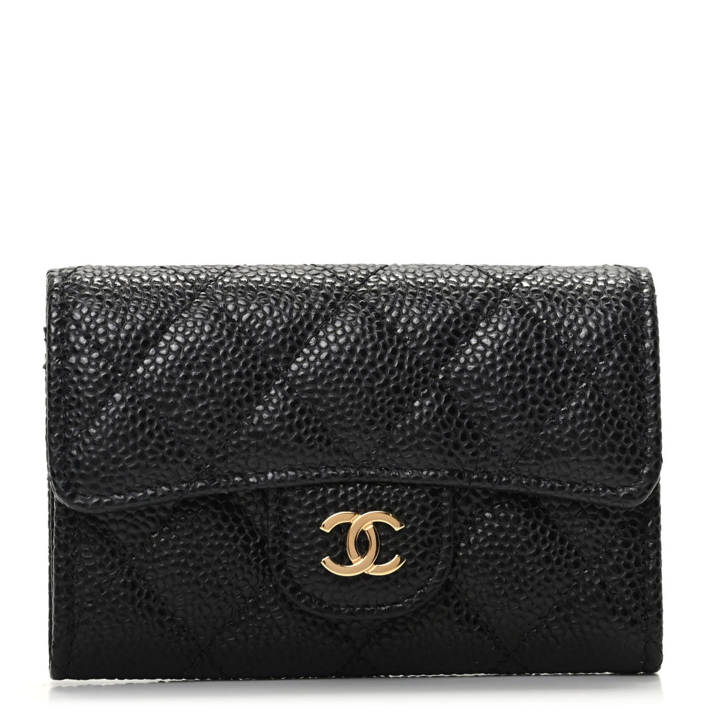 Caviar Quilted Flap Card Holder Wallet Black