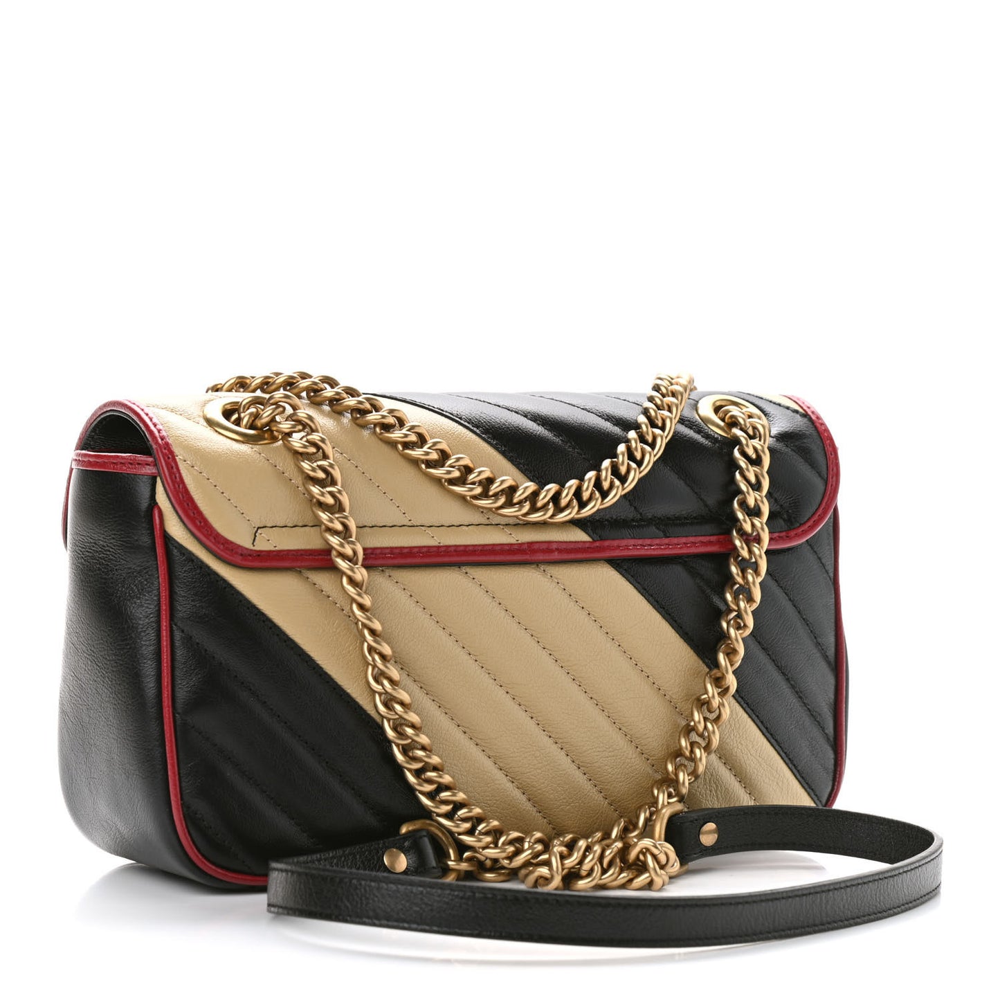Vintage Effect Calfskin Matelasse Diagonal Striped Small Torchon GG Marmont Shoulder Bag Black Beige
