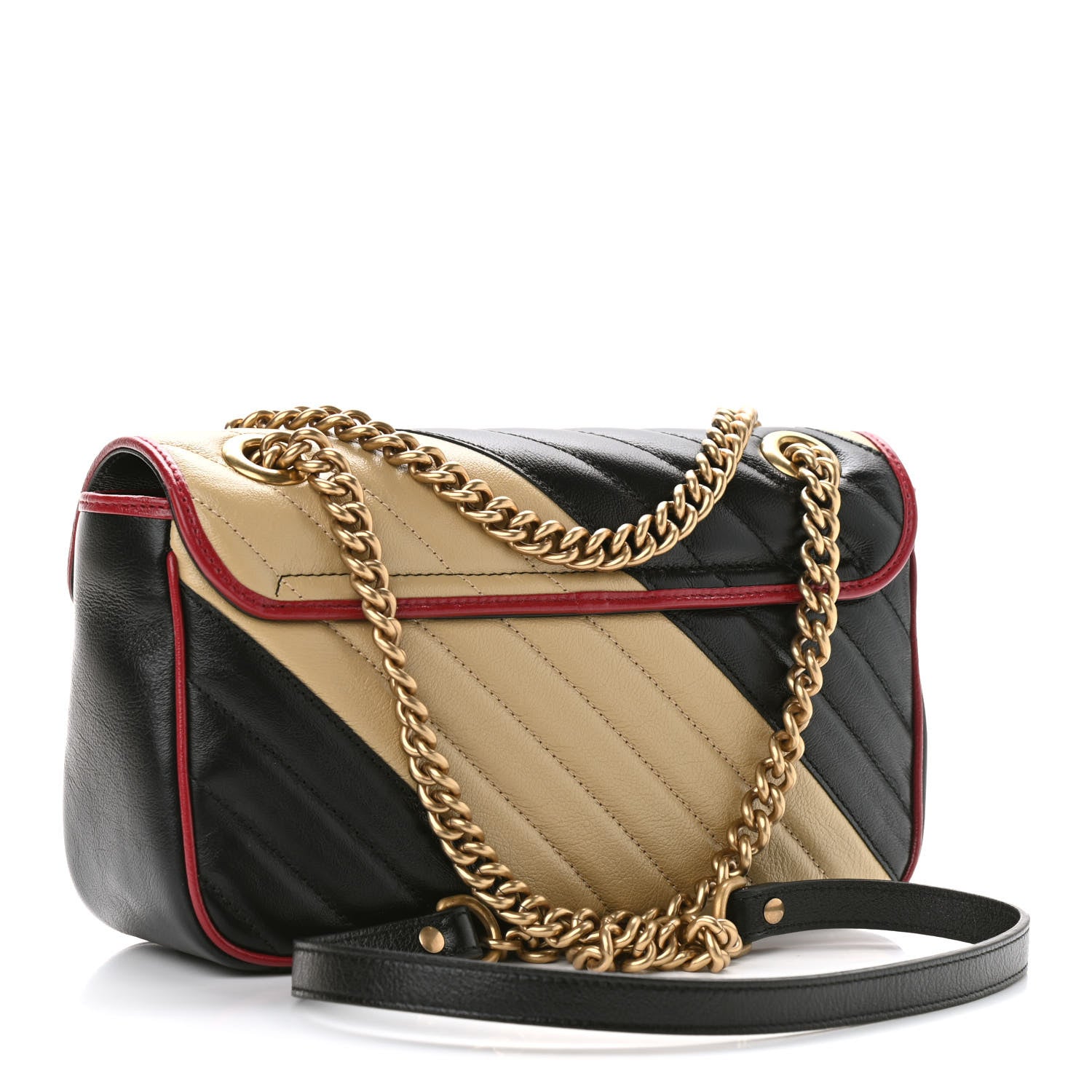 Gucci Vintage Effect Calfskin Matelasse Diagonal Striped Small Torchon GG Marmont Shoulder Bag Black Beige 3 of 9
