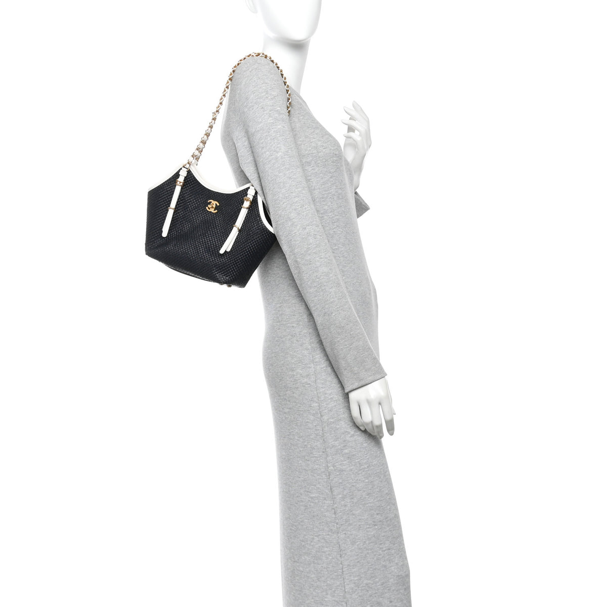 Chanel Braided Raffia Calfskin Stitched Small Shopping Tote Black White 2 of 11