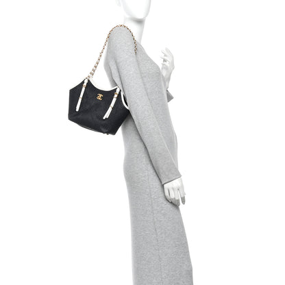 Chanel Braided Raffia Calfskin Stitched Small Shopping Tote Black White 2 of 11