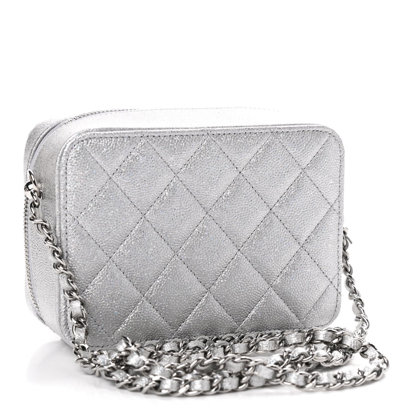 Metallic Caviar Quilted Camera Bag Silver