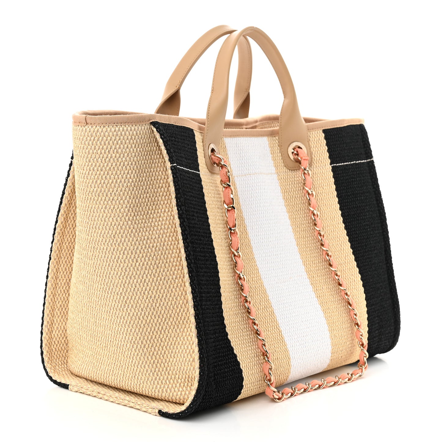 Straw Raffia Calfskin Striped Medium Deauville Tote Black Beige Ivory