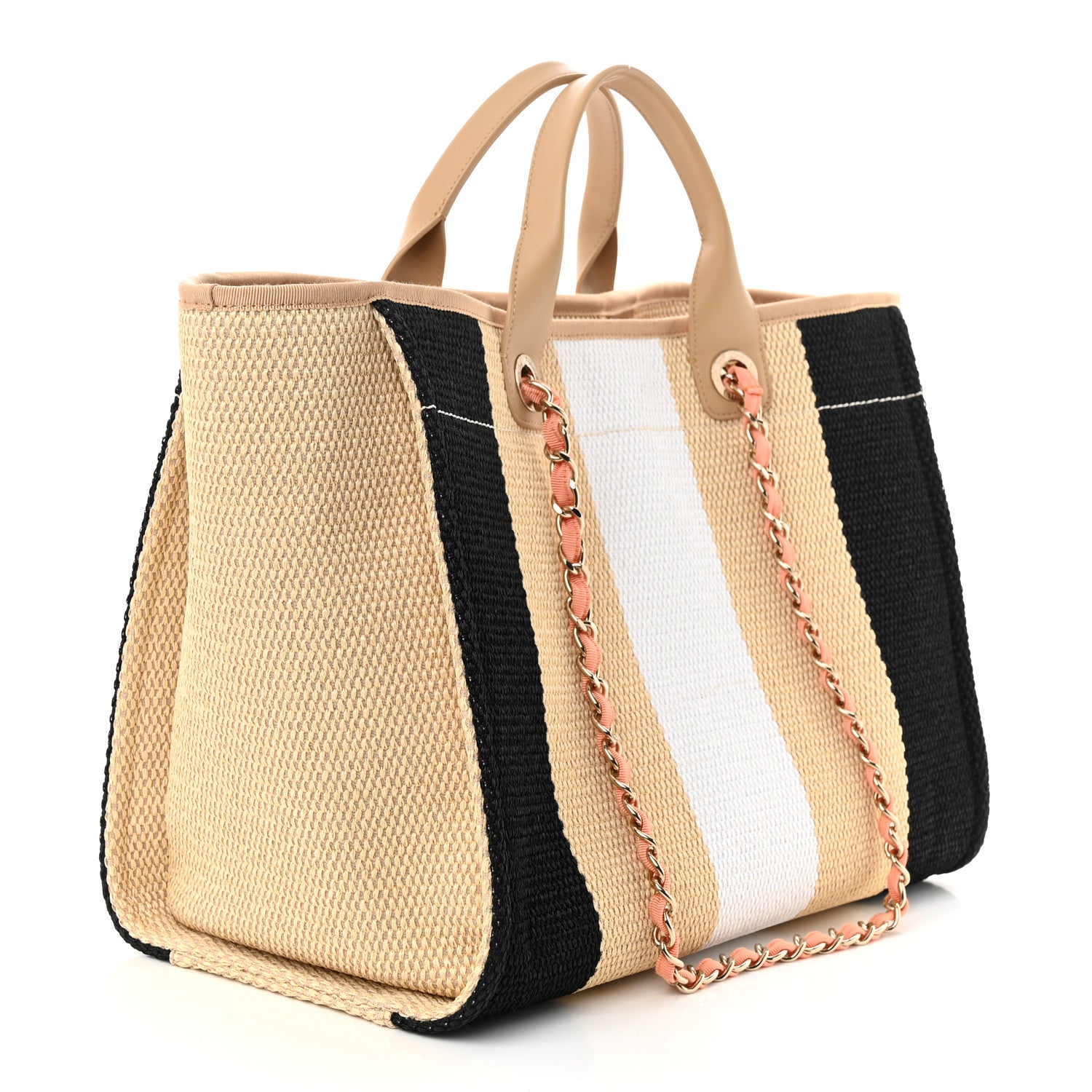Chanel Straw Raffia Calfskin Striped Medium Deauville Tote Black Beige Ivory 3 of 10