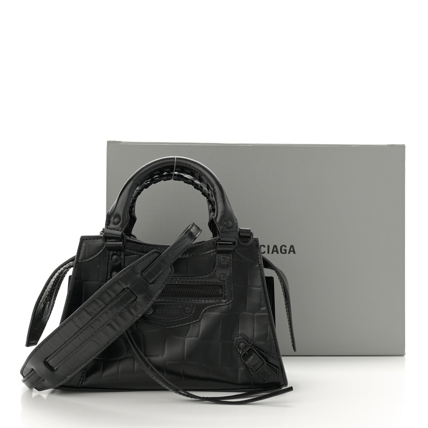 Semi Shiny Calfskin Crocodile Embossed Neo Classic Black Hardware Mini City Black
