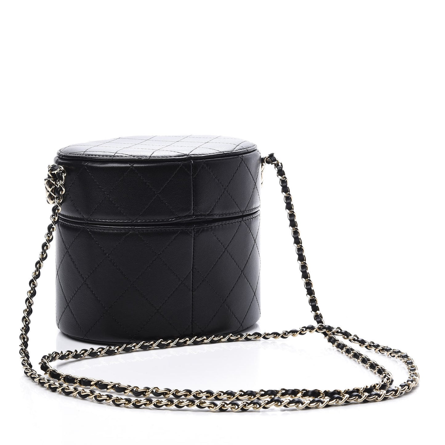 Lambskin Quilted Round Vanity Case With Chain Black