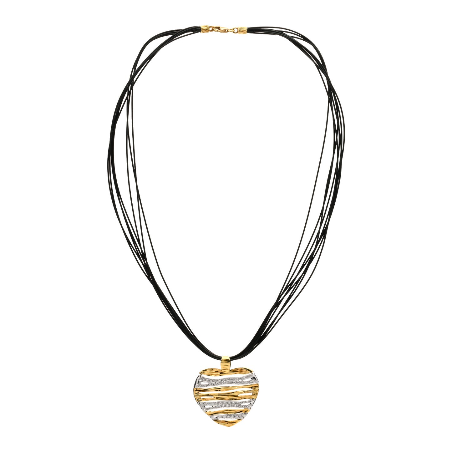 18K Yellow White Gold Diamond Elephant Hair Elephantino Heart Pendant Cord Necklace Black