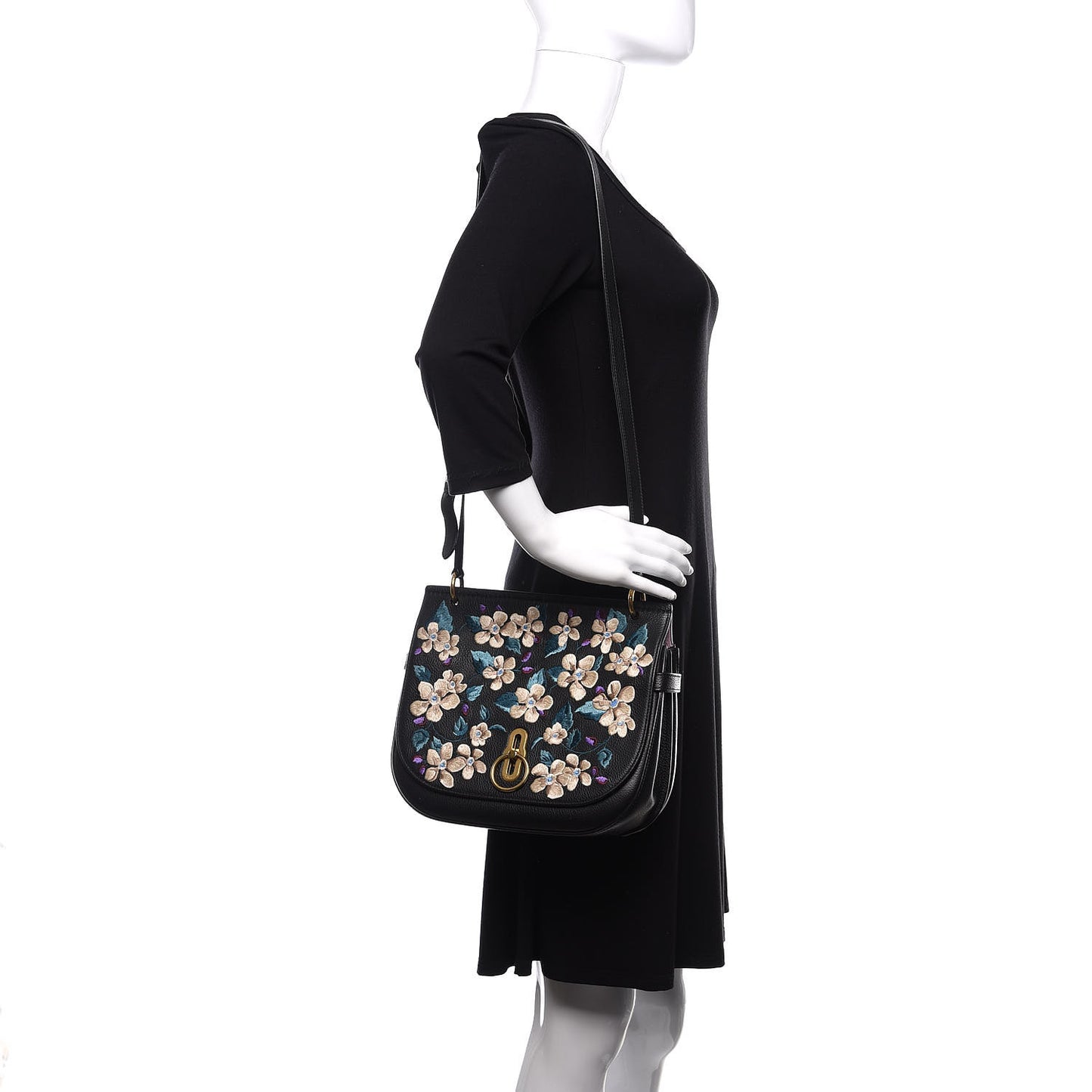 Classic Grain Calfskin Embroidered Floral Amberley Satchel Black