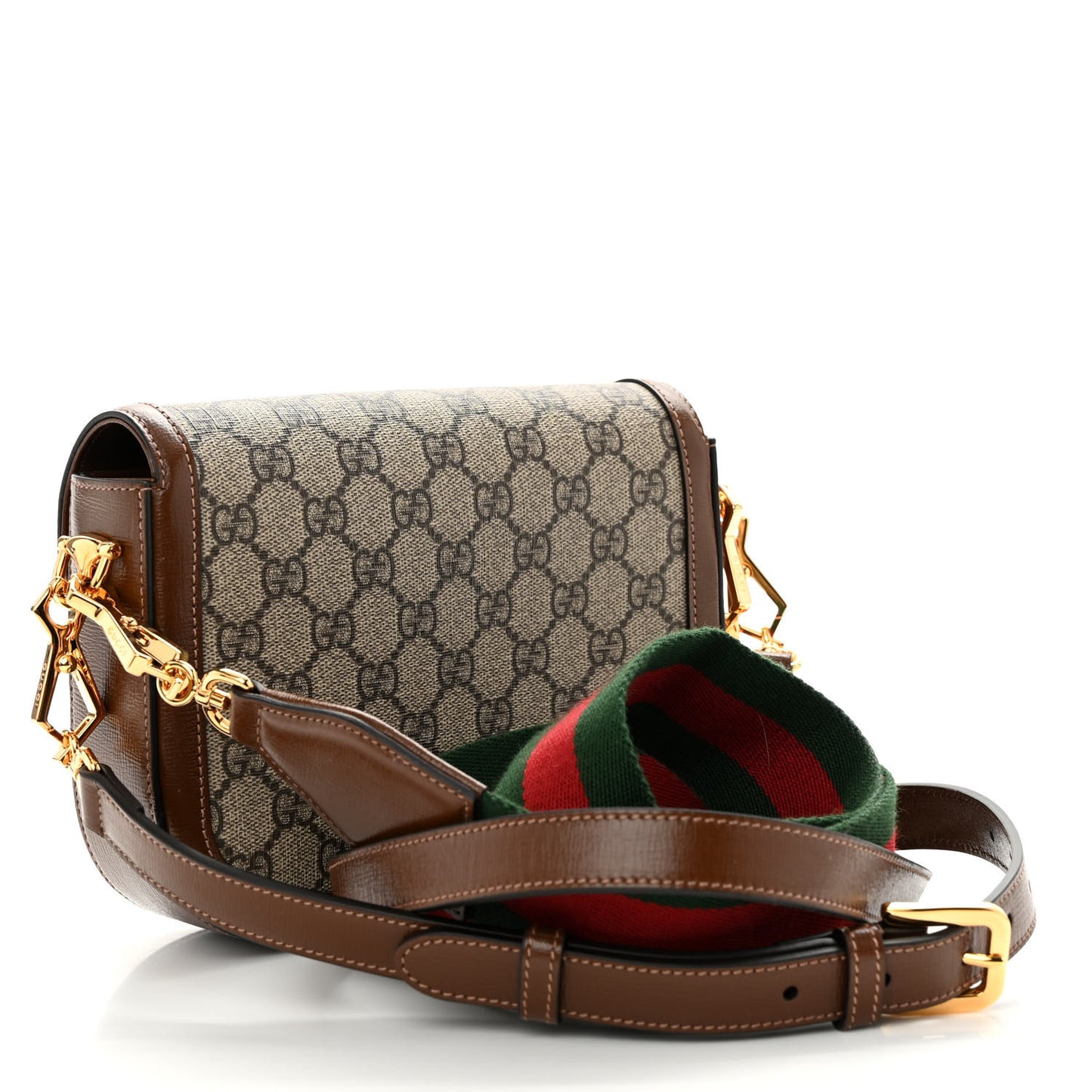 GG Supreme Monogram Azalea Calfskin Web Mini Horsebit 1955 Shoulder Bag Beige Ebony Brown Sugar