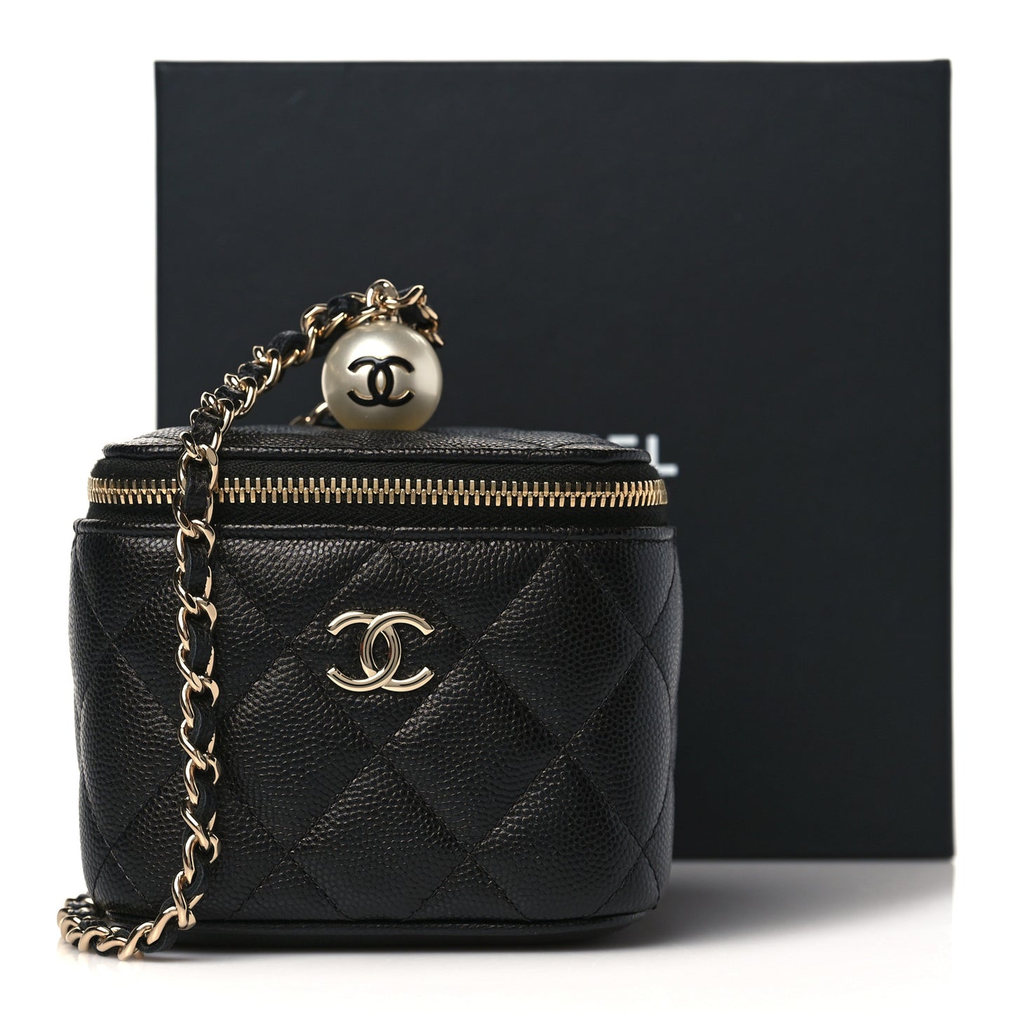 Caviar Quilted Mini Pearl On Top Vanity Case With Chain Black