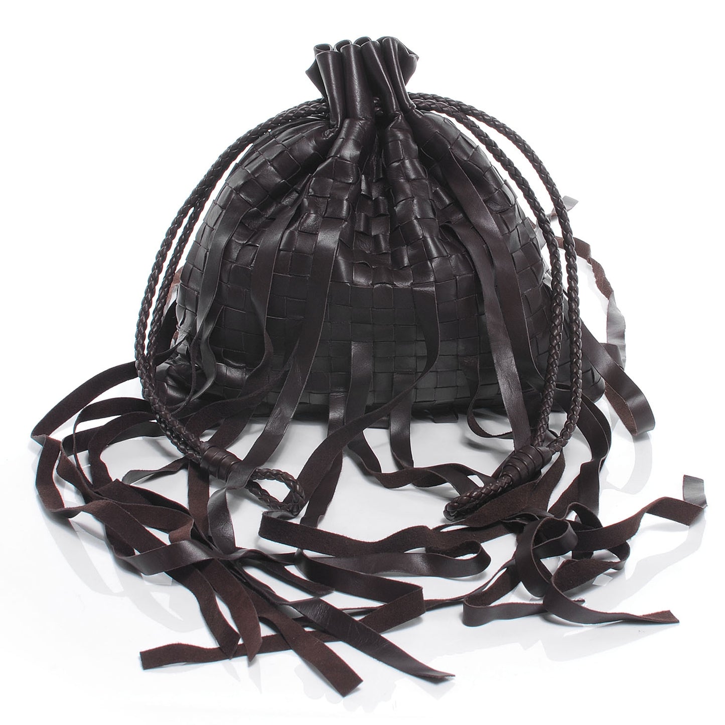 Lambskin Intrecciato Drawstring Fringe Pochette Brown