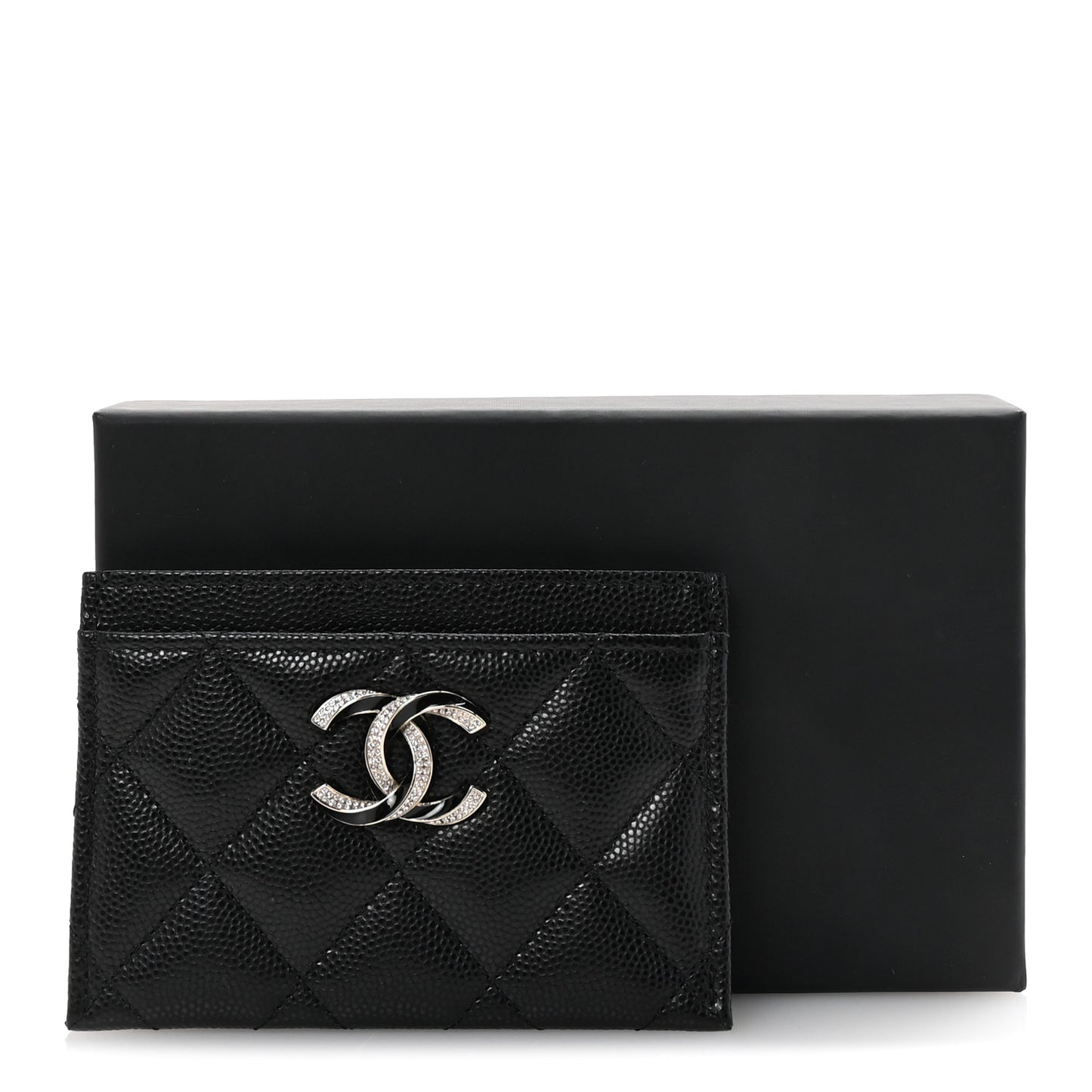 Caviar Quilted Crystal Enamel CC Card Holder Black