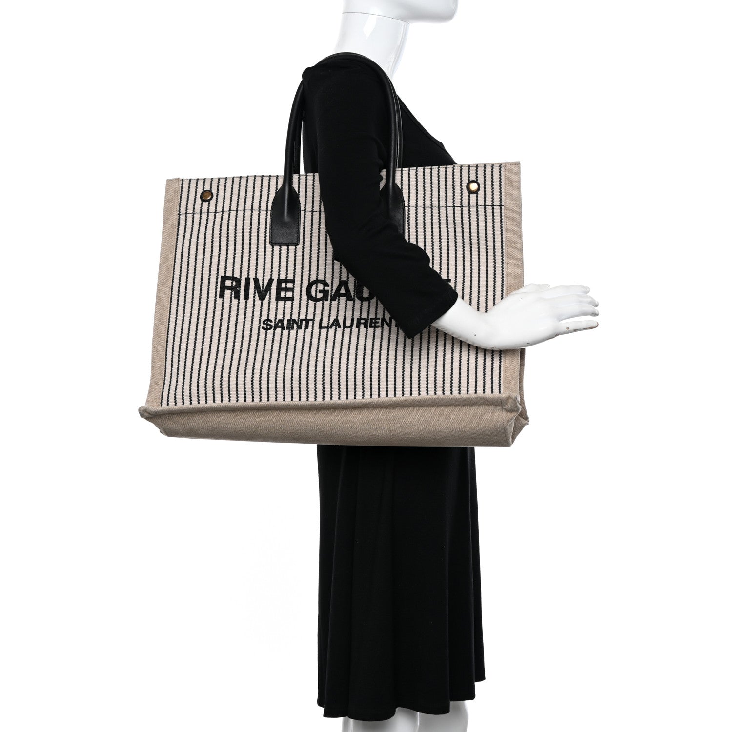 Saint Laurent Embroidered Cotton Linen Rive Gauche Noe Tote Natural Black 2 of 9