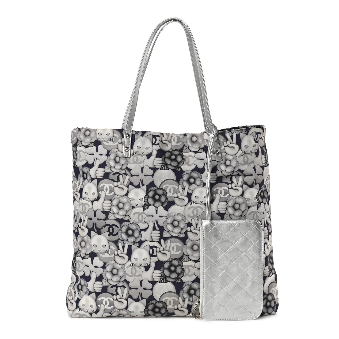 Nylon Cat Emoticon Tote Navy Silver