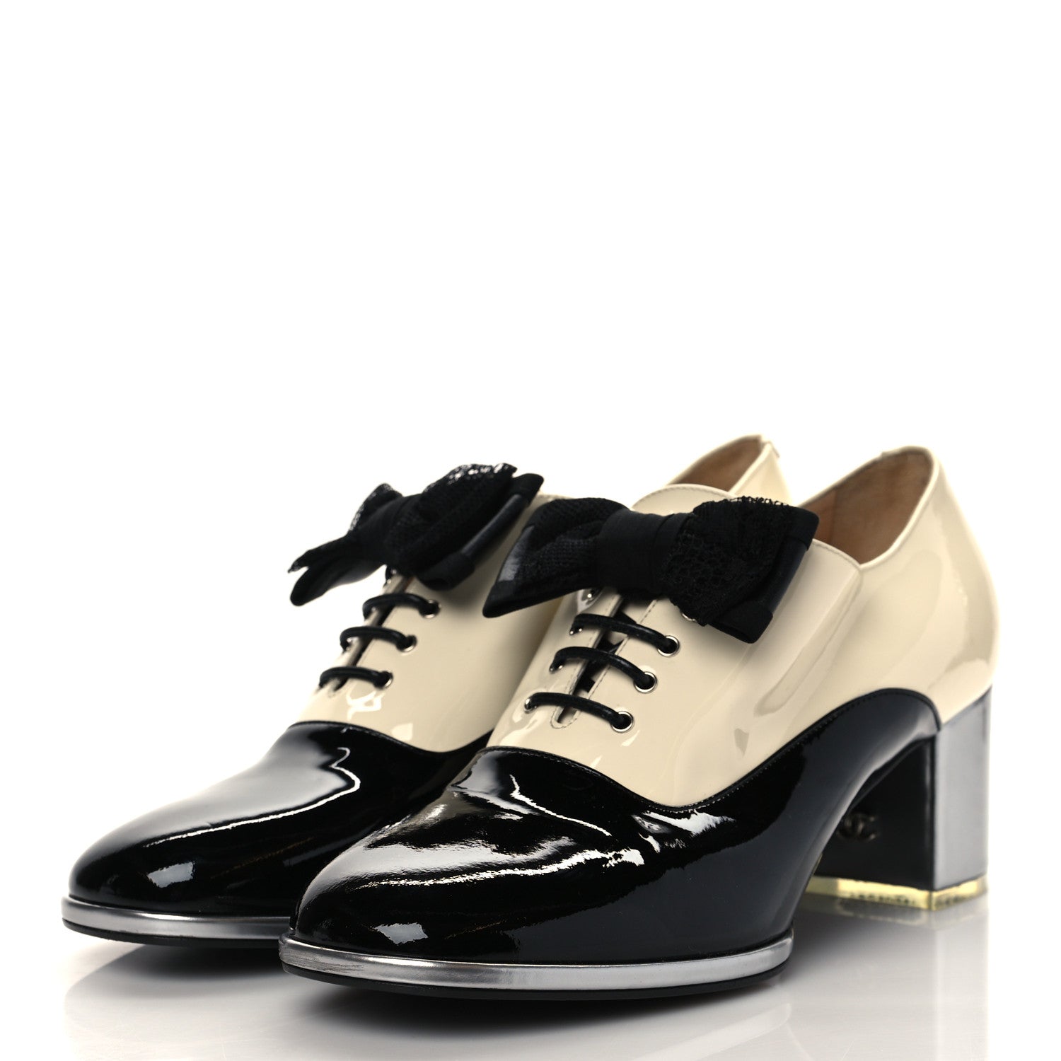 Chanel Patent Calfskin CC Bow Lace Up Oxford Pumps 39 Beige Black 3 of 10