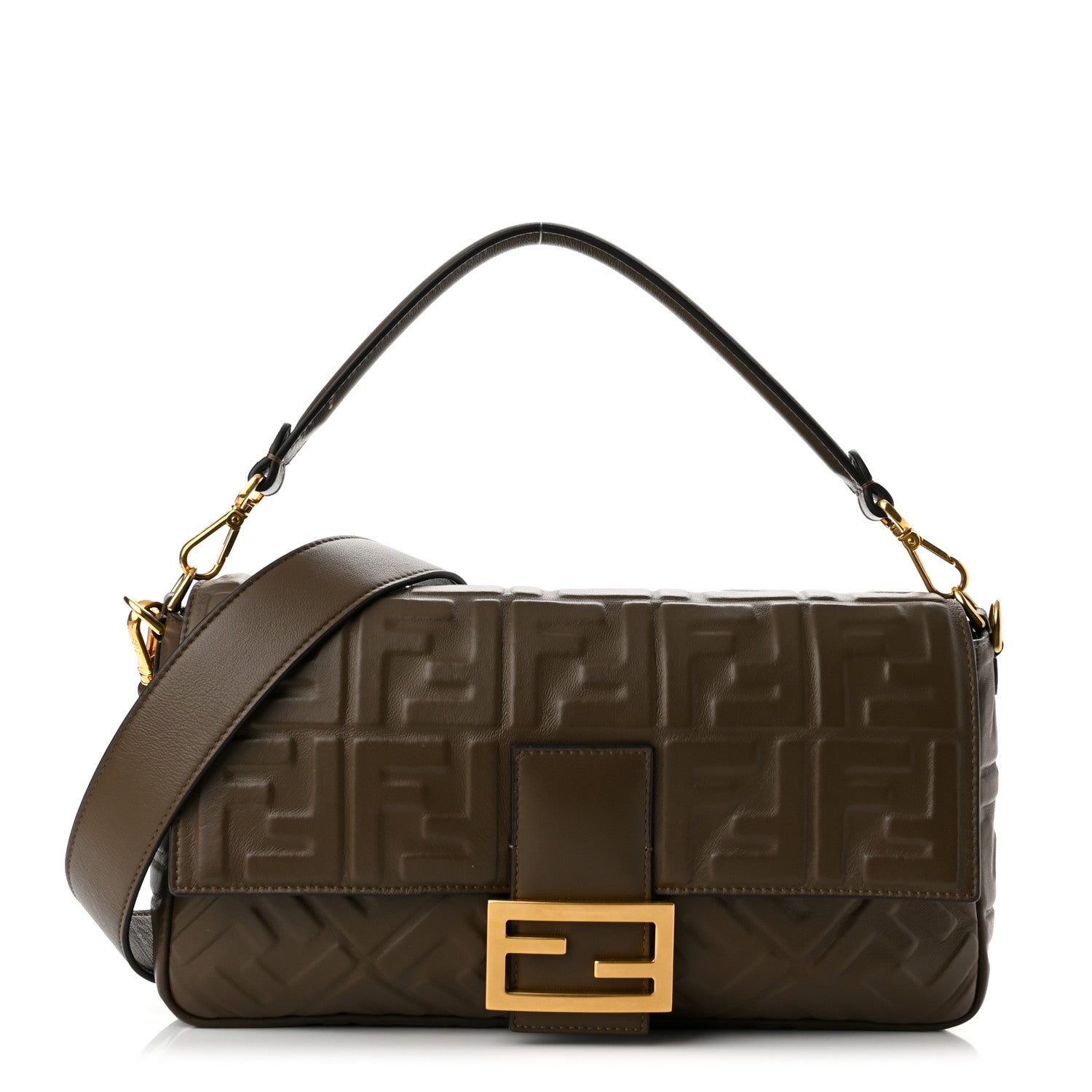 Fendi Nappa FF 1974 Embossed Large Baguette Wood 1 of 10