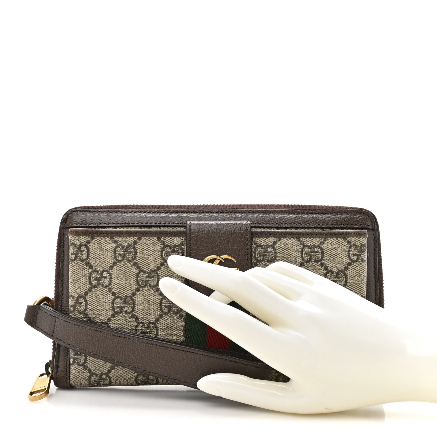 Gucci GG Supreme Monogram Web Ophidia Zip Around Phone Holder Wristlet Wallet Brown 2 of 11