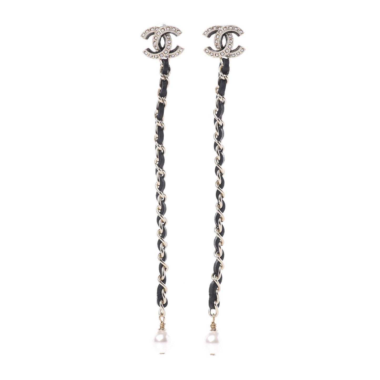 Lambskin Chain Crystal Pearl CC Drop Earrings Gold