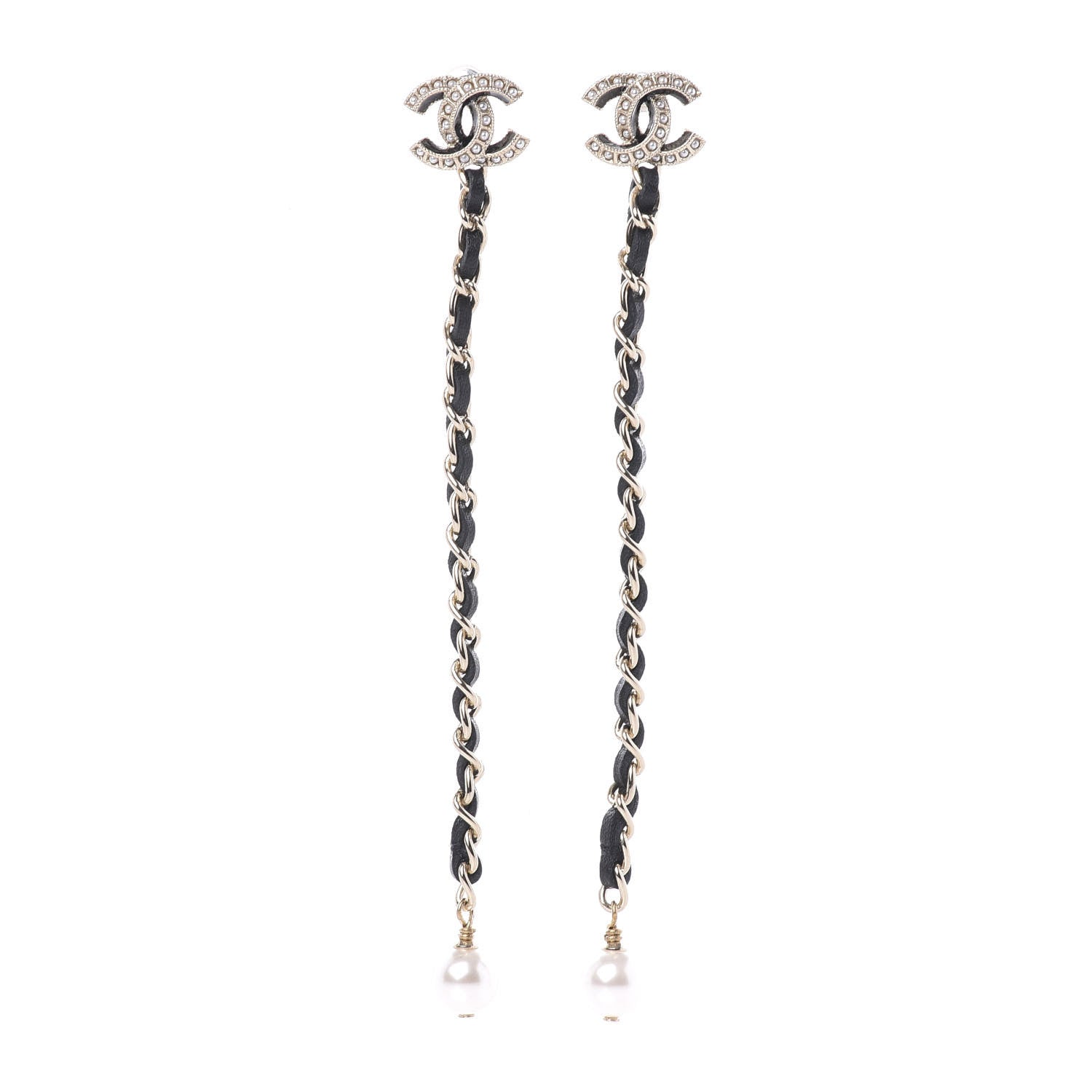 Chanel Lambskin Chain Crystal Pearl CC Drop Earrings Gold 1 of 5