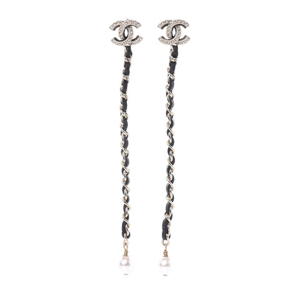 Chanel Lambskin Chain Crystal Pearl CC Drop Earrings Gold 1 of 5
