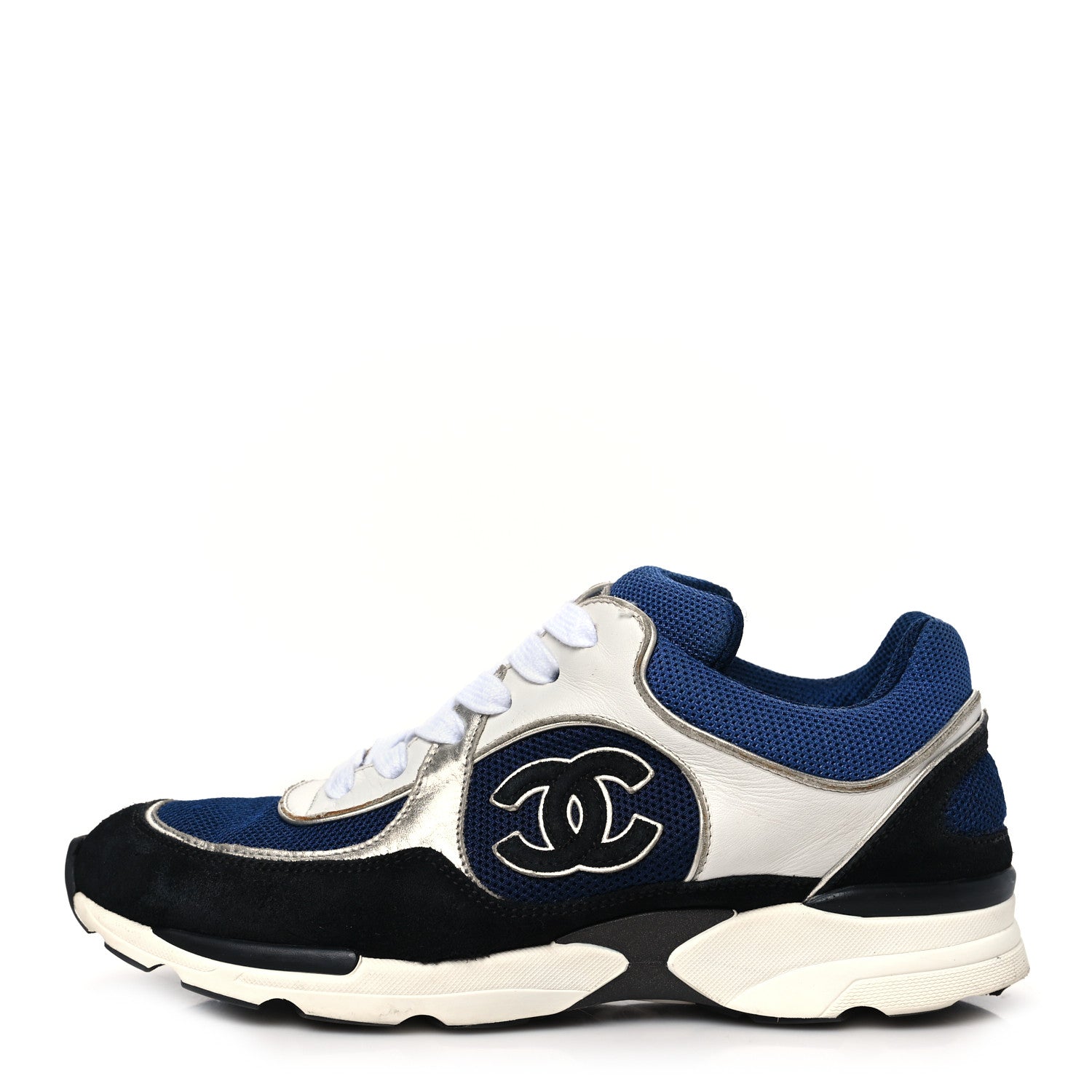 Chanel Mesh Suede Calfskin Womens CC Sneakers 38 Dark Blue Black White 1 of 12