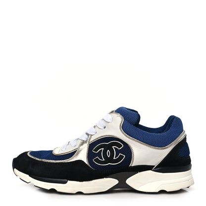 Chanel Mesh Suede Calfskin Womens CC Sneakers 38 Dark Blue Black White 1 of 12