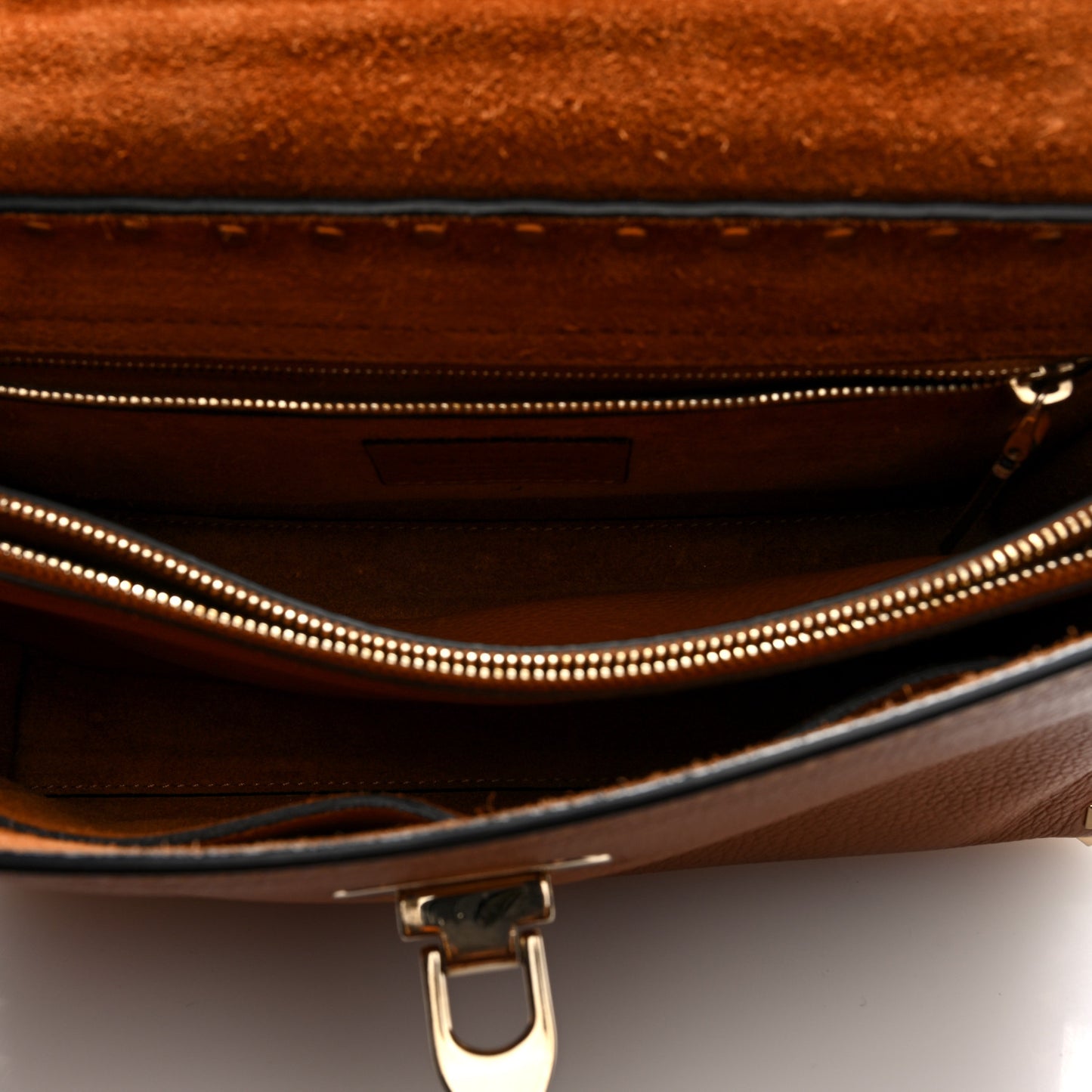 Pebbled Calfskin Rockstud Flip Lock Top Handle Bag Cognac